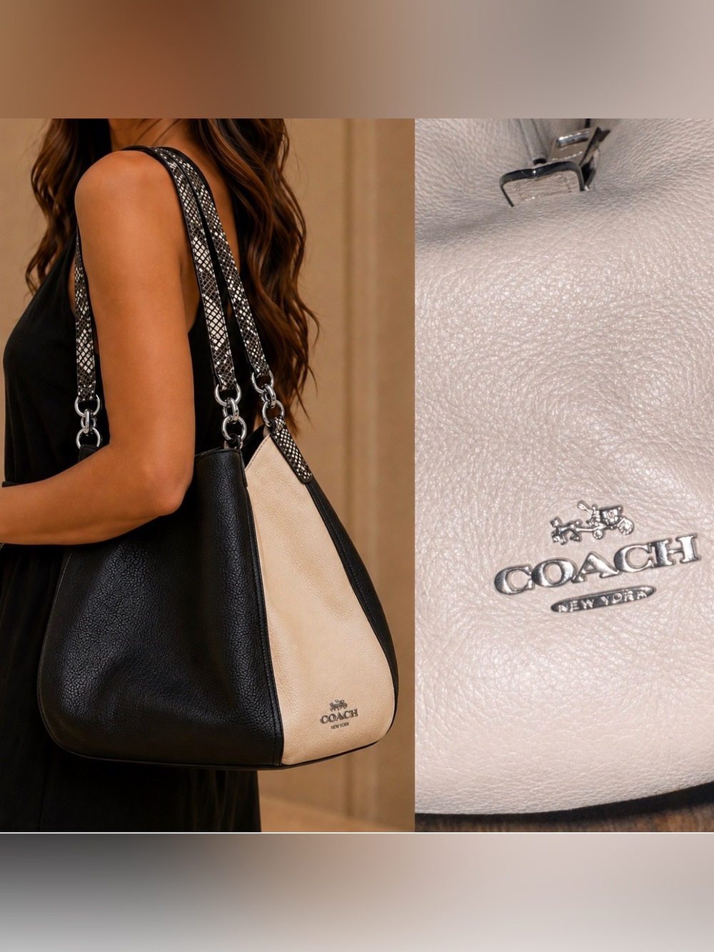 Coach Phoebe Black and Beige Leather Tote Shoulder Snakeskin Bag Purse